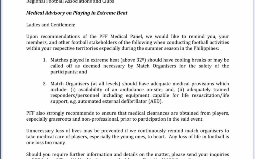 Philippine Football Federation’s Medical Advisory on Playing in Extreme Heat