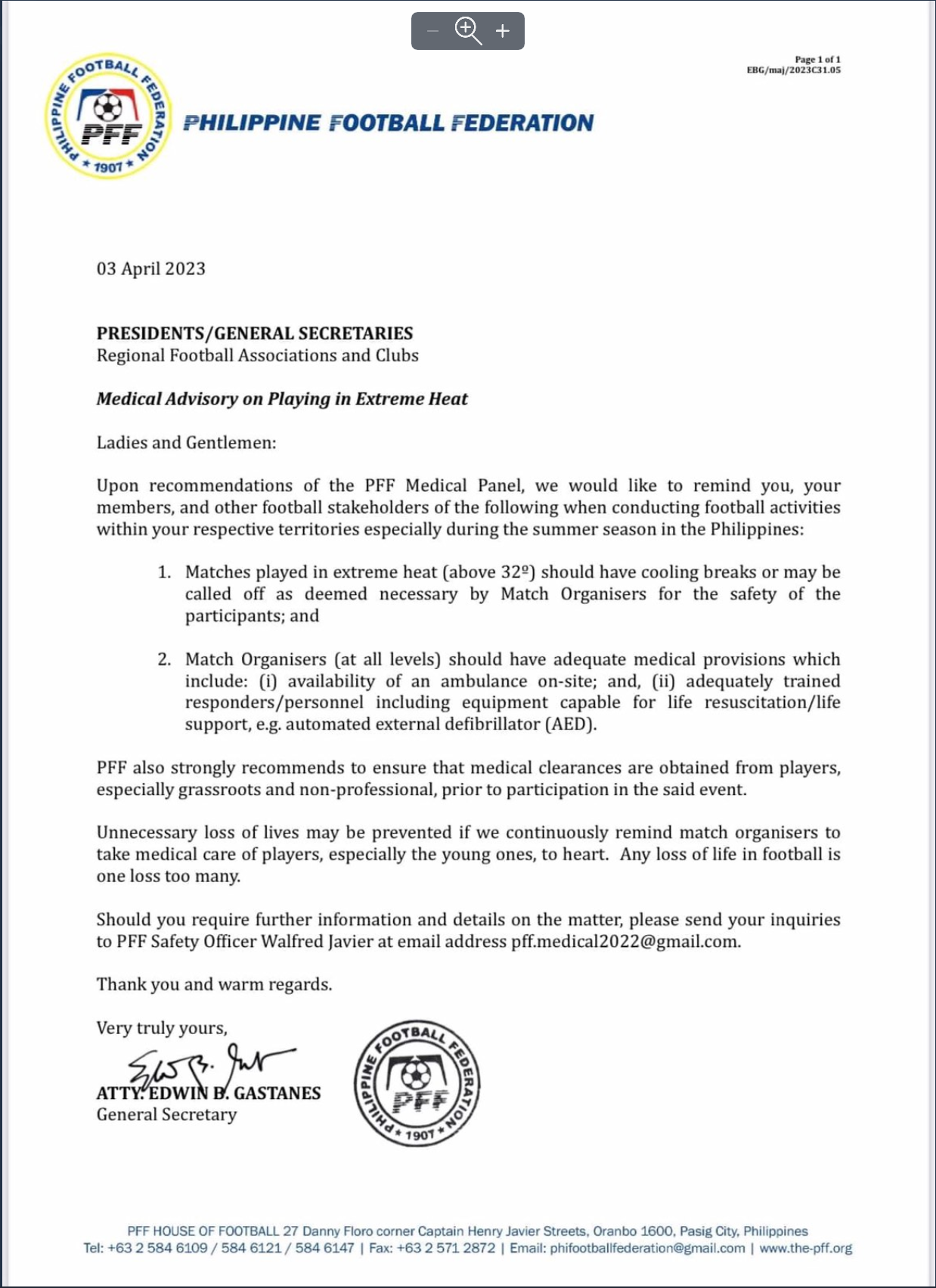 PFF Medical Advisory on Playing in Extreme Heat - April 3, 2023